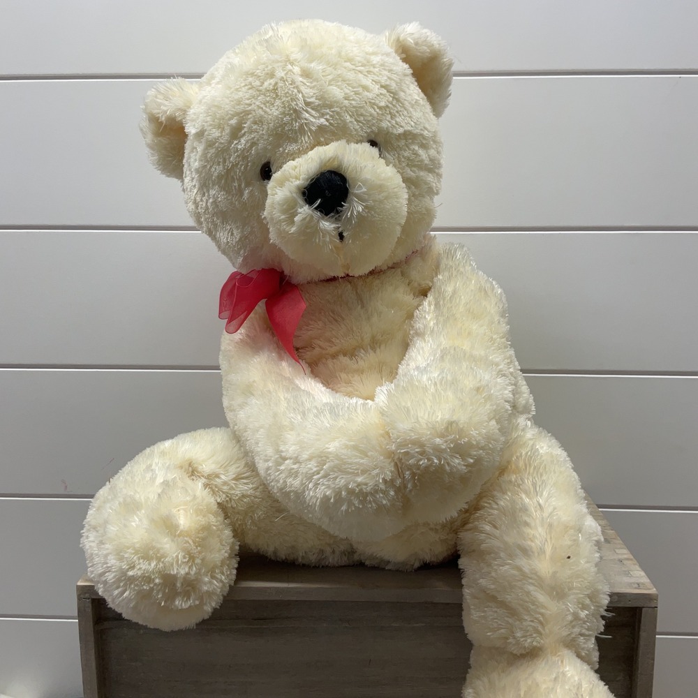 Hallmark Cream Shaggy Plush Teddy Bear Red Bow Stuffed Animal 17in Seated 13in